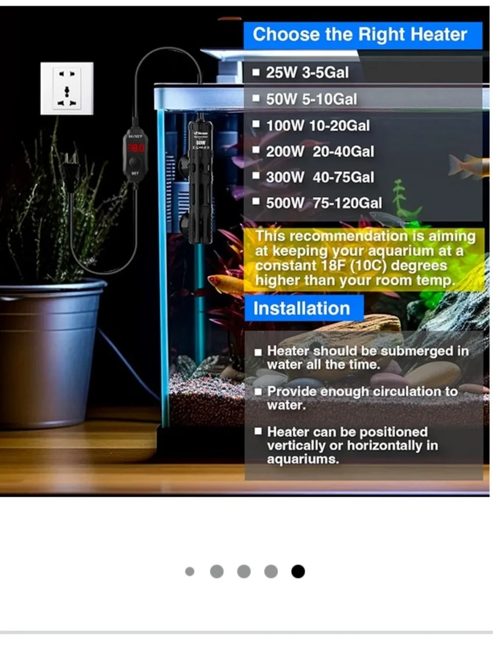 Black 50W Aquarium Heater with Digital Thermostat